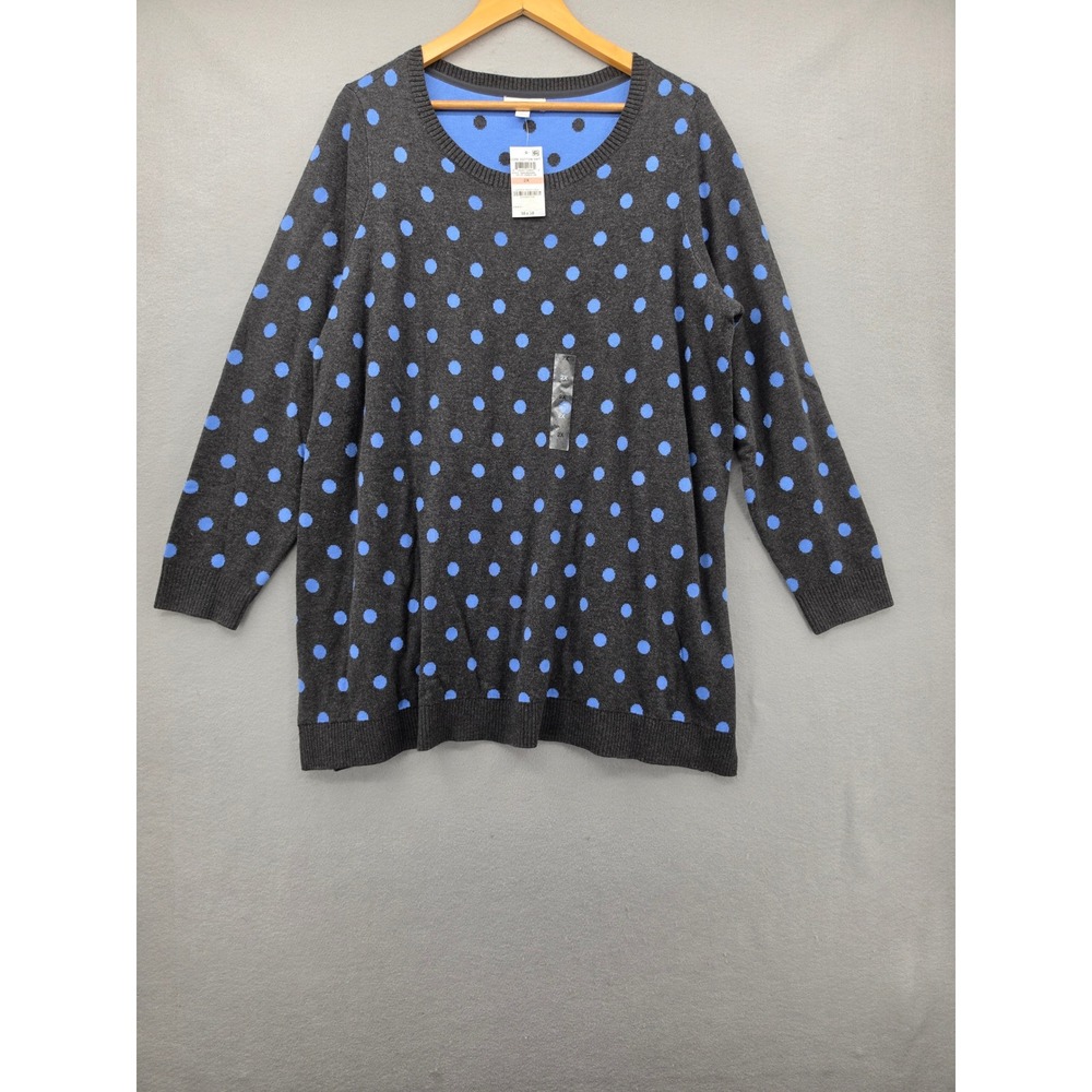 Charter Club 2X Polka Dot Sweater Charcoal Grey Blue Core Cotton Knit Top New